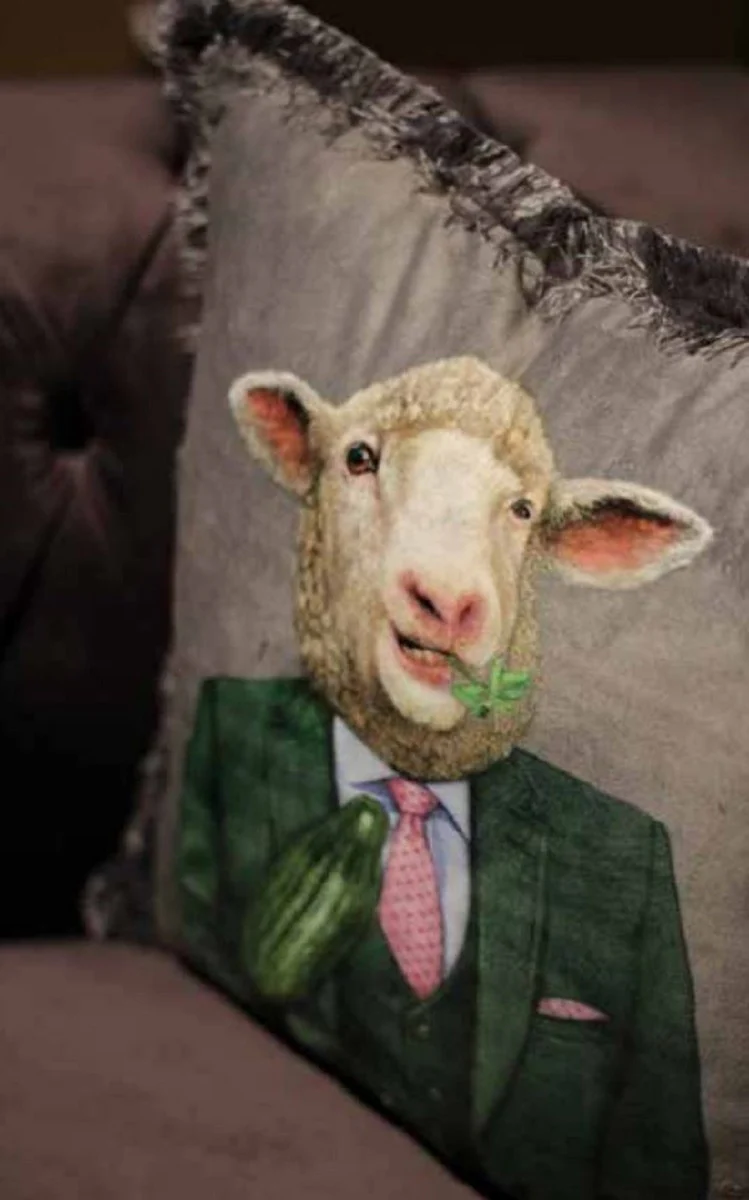 Luxury decorative cushion gentleman sheep gray / multicolored 45 x 45 cm - printed velvet cushion with fringes - luxury quality