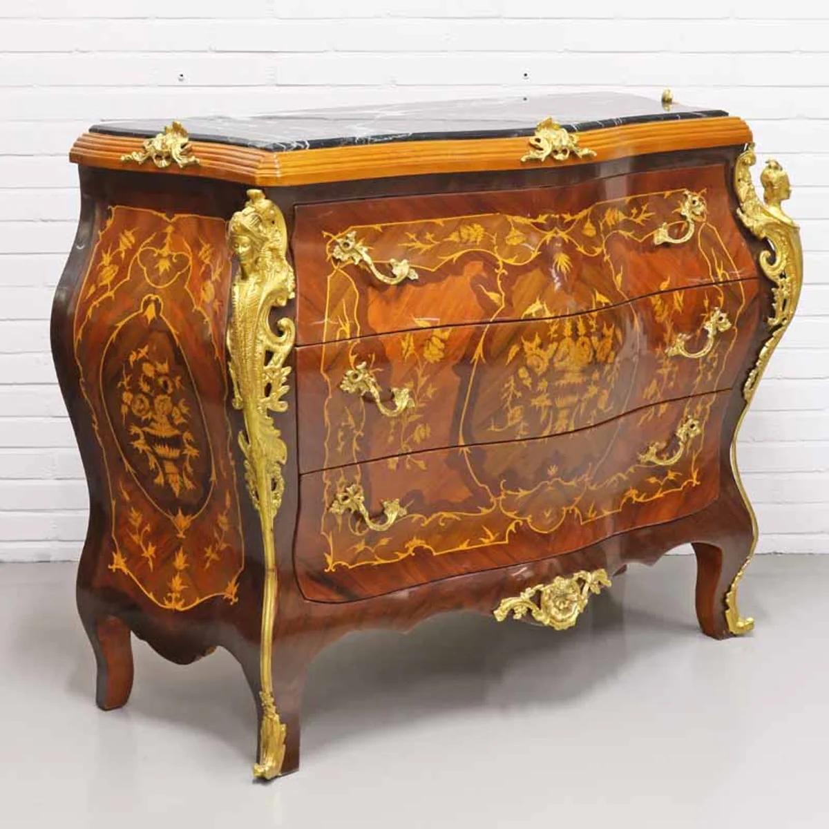 Baroque style chest of drawers with 3 drawers and marble top in brown / gold / black 120 x 50 x H. 95 cm - antique style furniture