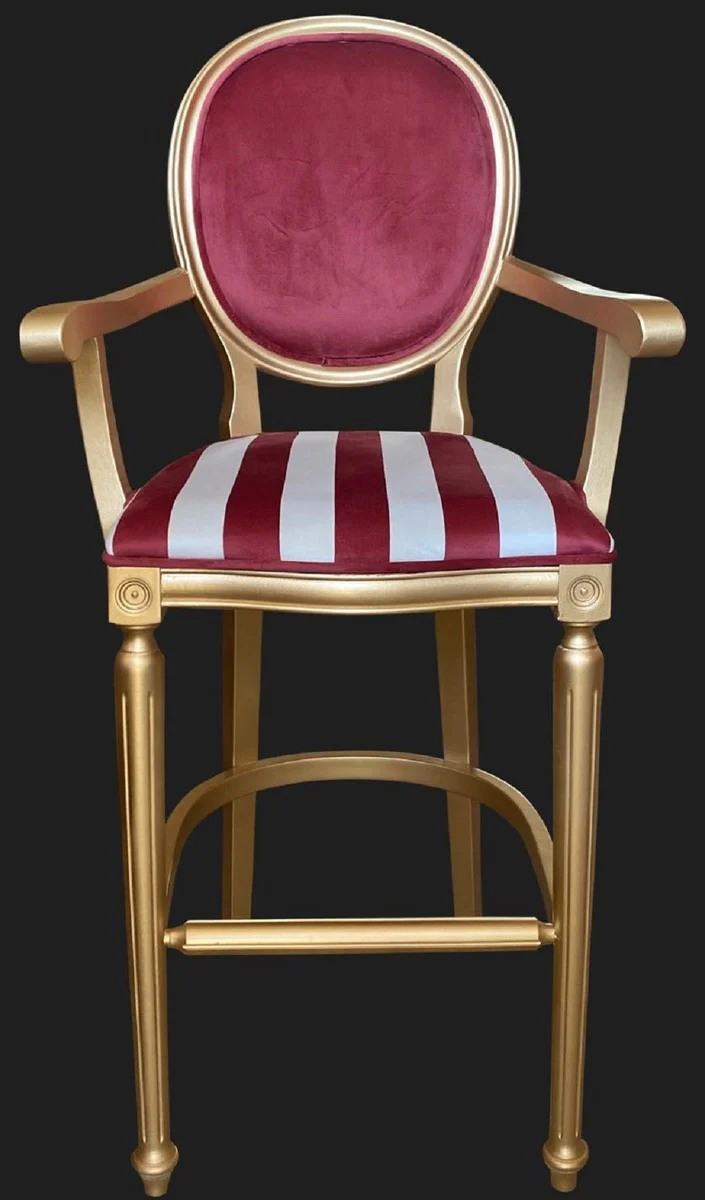 Baroque bar chair with armrests burgundy red / white / gold - striped antique style velvet bar stool - handmade baroque bar furniture
