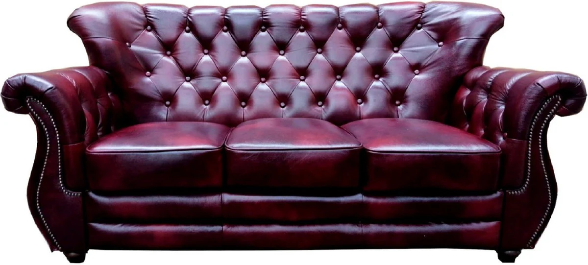 Luxury Chesterfield real leather living room set burgundy red / brown / silver - 2 leather sofas & 2 leather armchairs - Chesterfield furniture - living room furniture