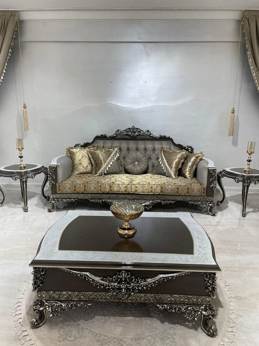 Luxury Baroque Living Room Set Silver / Gold / White / Black / Silver - 2 Baroque Sofas & 2 Baroque Armchairs & 1 Baroque Coffee Table - Luxury Living Room Furniture in Baroque Style - Baroque Furniture