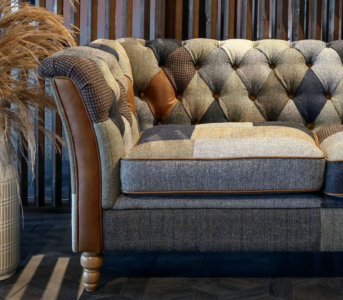 Luxus Chesterfield 3er Sofa Bunt / Braun 213 cm