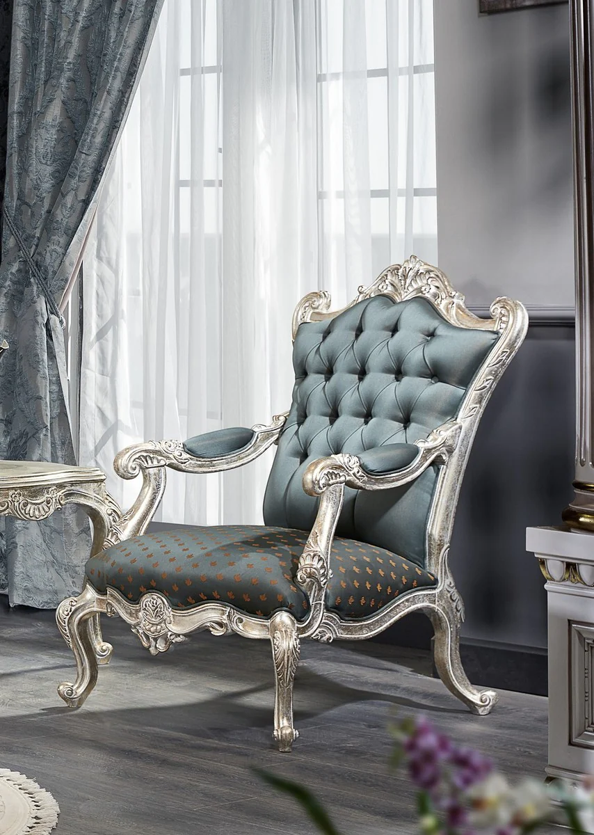 Luxury Baroque Chesterfield throne armchair turquoise / dark turquoise / gold / silver 87 x 83 x H. 110 cm - Baroque furniture