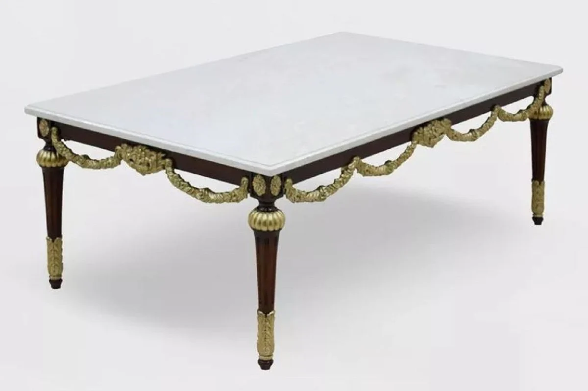 Luxury baroque coffee table with marble top white / dark brown / gold - rectangular living room table in baroque style - baroque furniture - noble & magnificent