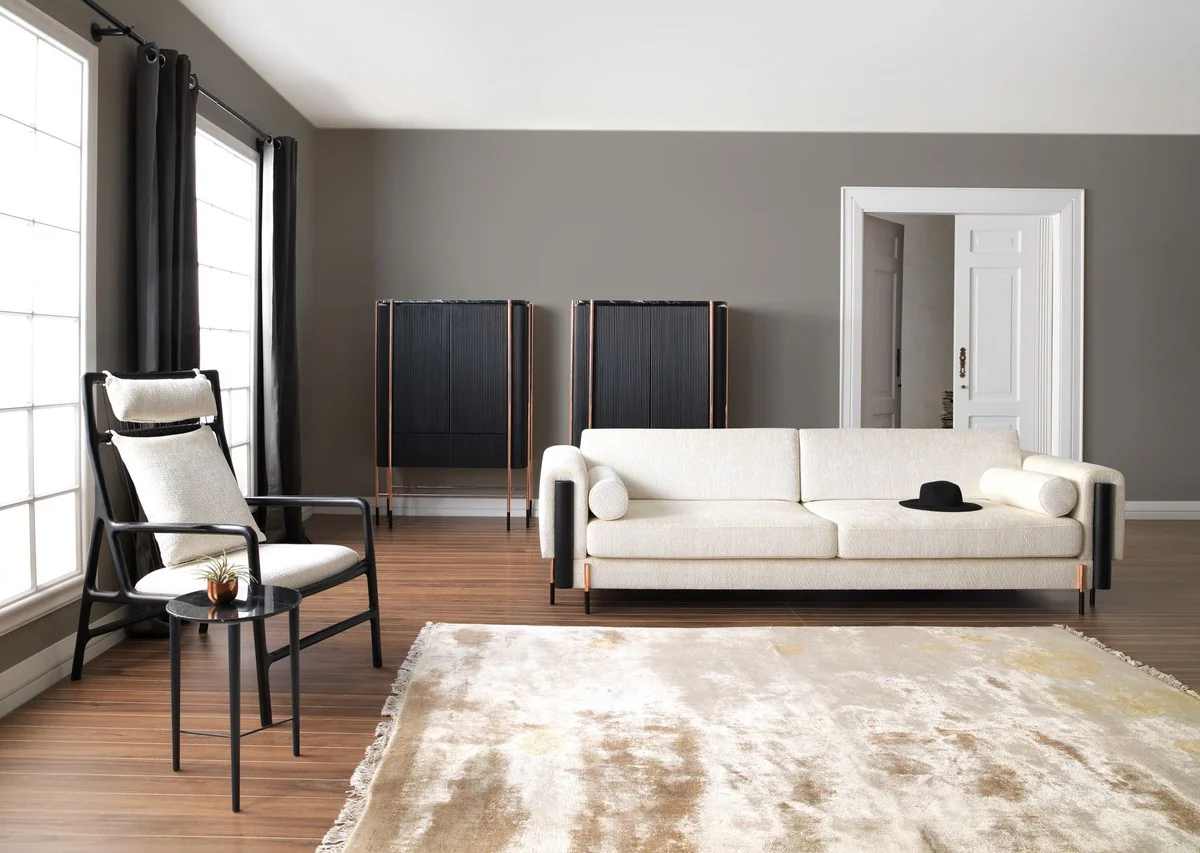 Luxury sofa cream white / matt black / copper 220 x 107 x H. 78 cm - living room sofa - hotel sofa - living room furniture - hotel furniture - luxury furniture - luxury furnishings