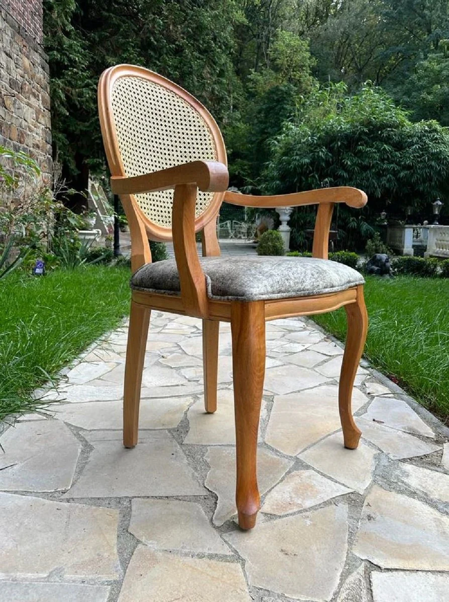 Luxury Baroque Dining Room Chair Gray / Natural / Brown - Handmade Baroque Style Chair with Armrests - Dining Room Furniture in Baroque Style - Noble & Magnificent