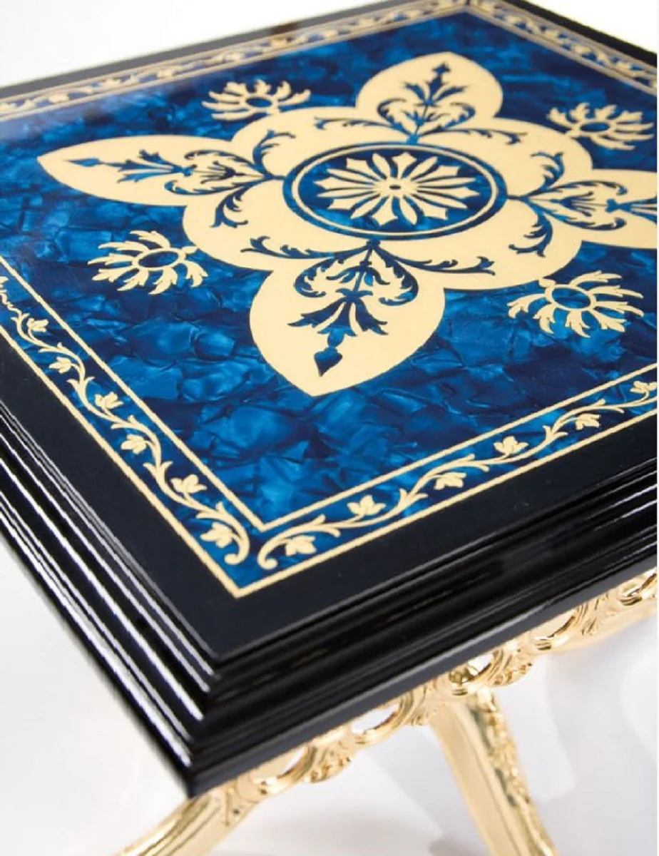 Luxury baroque side table black / blue / gold 53 x 53 x H. 50 cm - noble brass table with solid wood table top - baroque living room furniture