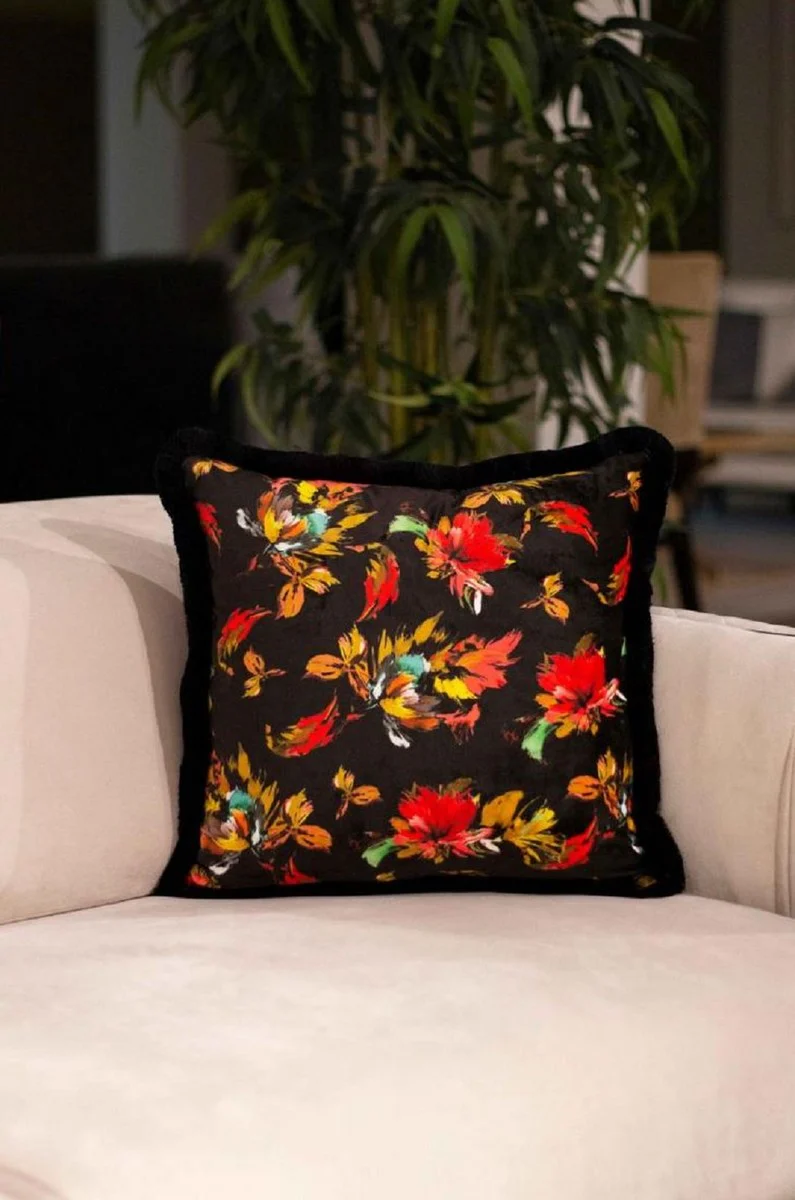 Luxury decorative cushion autumn leaves design black / multicolored 45 x 45 cm - printed velvet cushion with fringes - decorative accessories