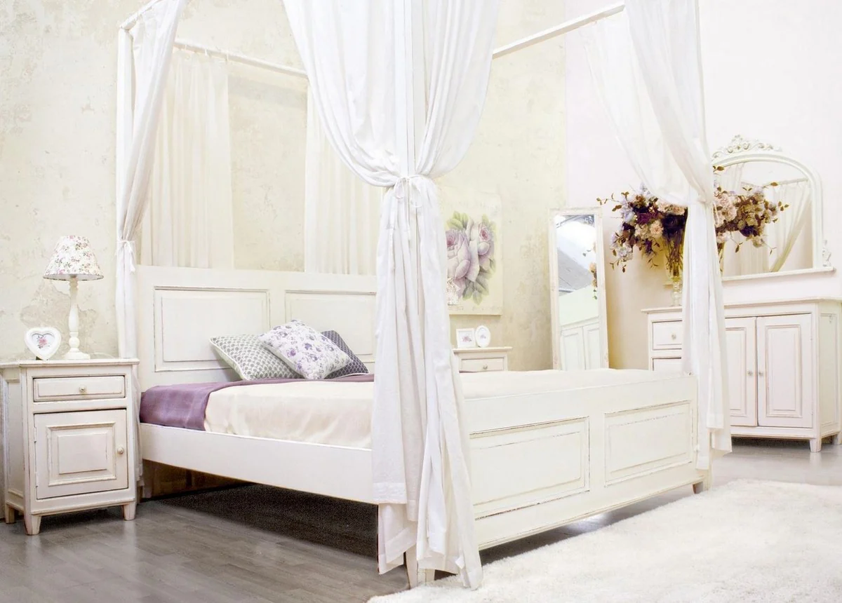 Country house style double bed antique white 175 x 209 x H. 210 cm - solid wood bed with cotton curtains - bedroom furniture in country house style - country house style furniture