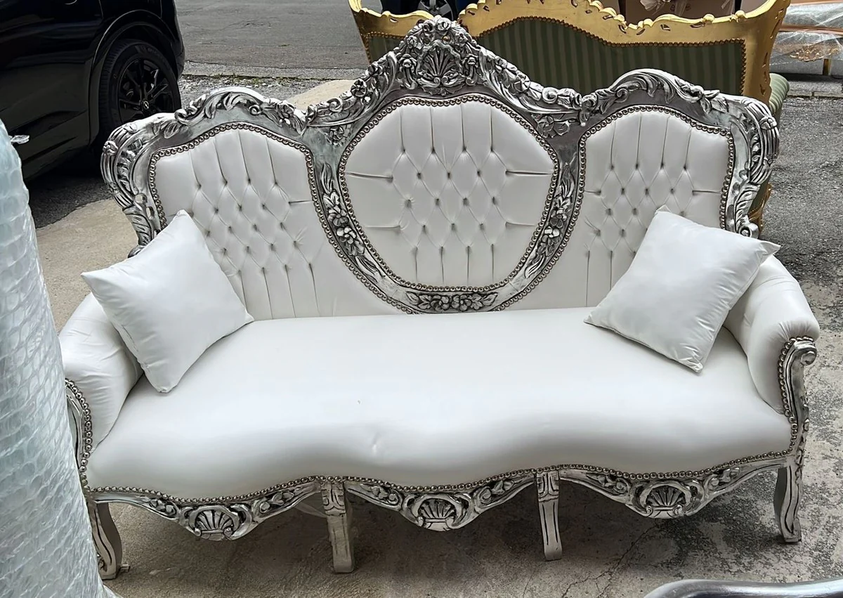 Baroque faux leather sofa white / silver 180 cm - Baroque living room furniture