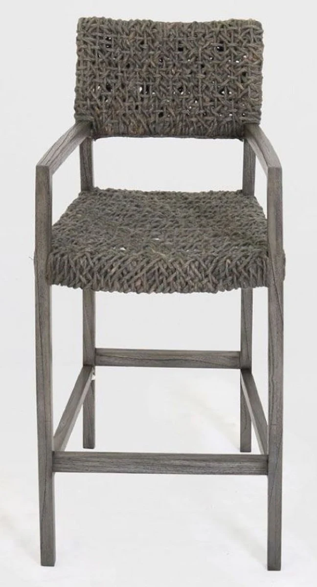 Luxury bar chair with armrests gray 55 x 64 x H. 114 cm - solid wood chair with elegant rattan weave - luxury solid wood bar furniture