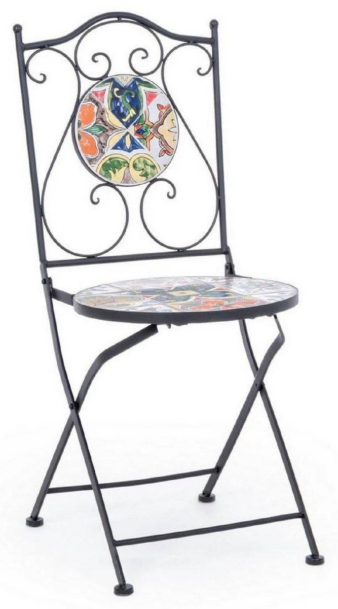 Art Nouveau garden chair set of 4 black / multicolored 39 x 47 x H. 92 cm - folding chairs with elegant ceramic plates - nostalgic garden and catering furniture