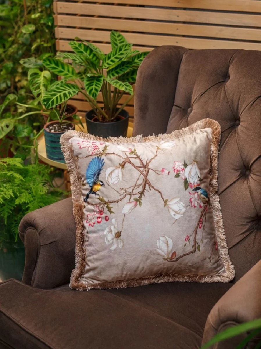 Luxury decorative cushion birds beige / multicolored 45 x 45 cm - printed velvet cushion with fringes - living room decorative accessories