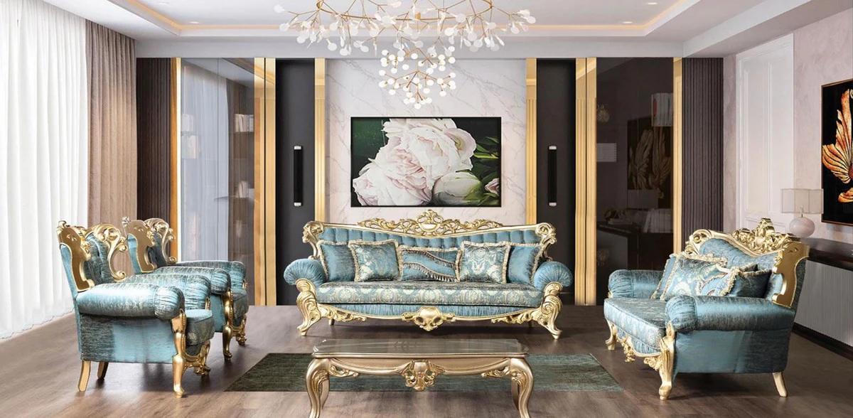 Luxury baroque living room set turquoise / gold - 2 baroque sofas with pattern & 2 baroque armchairs with pattern & 1 baroque coffee table - baroque living room furniture