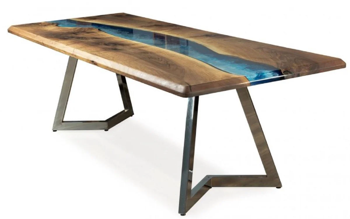 Luxury dining table brown / blue / silver 250 x 100 x H. 76 cm - Rectangular kitchen table with epoxy resin - Dining room furniture - Epoxy resin furniture - Luxury furniture