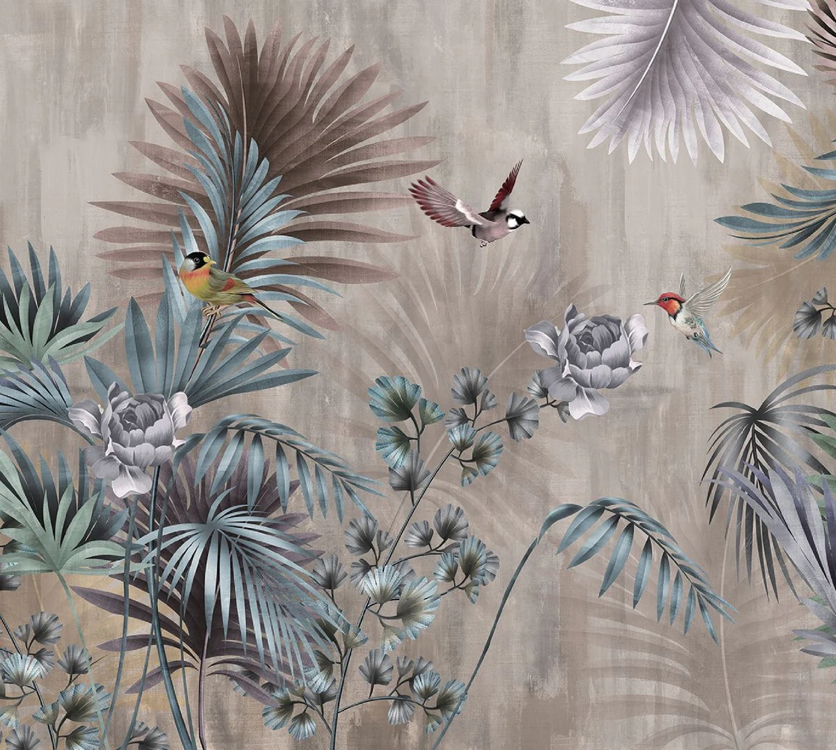 Luxury Curtain Set Plants & Birds Multicolored 250 x H. 290 cm - Printed Linen & Velvet Curtains - Eyelet Curtains - Sliding Curtains - Luxury Collection