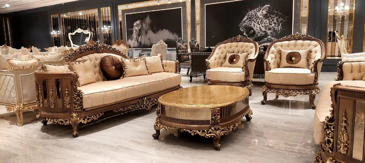 Luxury Baroque Coffee Table Antique Gold / Brown / Gold - Oval Solid Wood Living Room Table in Baroque Style - Living Room Furniture in Baroque Style - Baroque Furniture - Noble & Magnificent