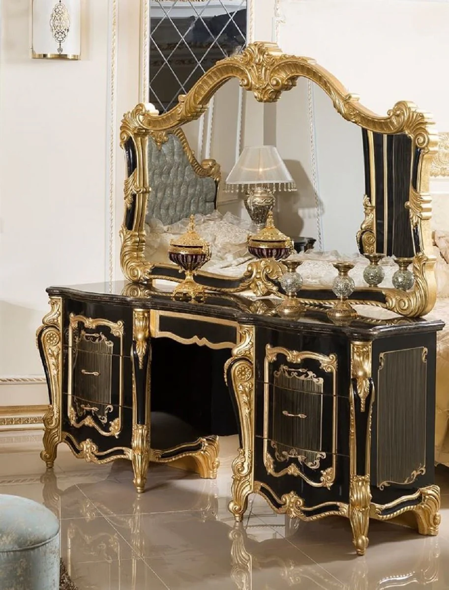Luxury Baroque Bedroom Set Black / Gold / Light Blue - 1 Baroque Dressing Table & 1 Baroque Mirror & 1 Baroque Stool - Baroque Bedroom Furniture - Noble & Magnificent
