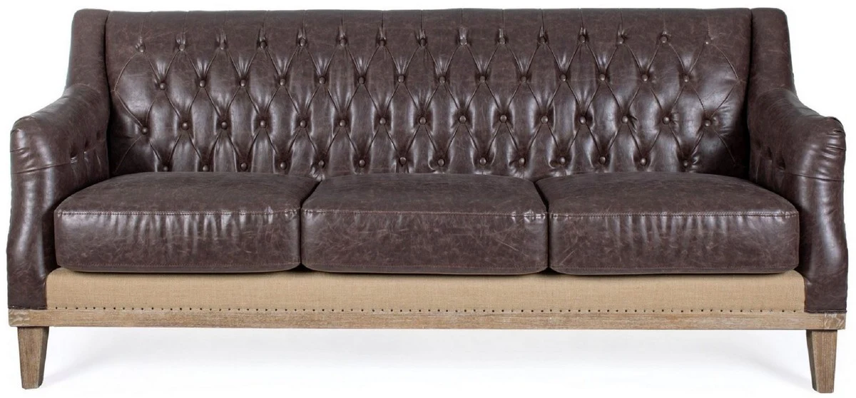 Luxury Chesterfield faux leather sofa dark brown / natural color 194.5 x 85 x H. 85 cm - living room sofa - living room furniture - Chesterfield furniture - luxury furniture - luxury furnishings