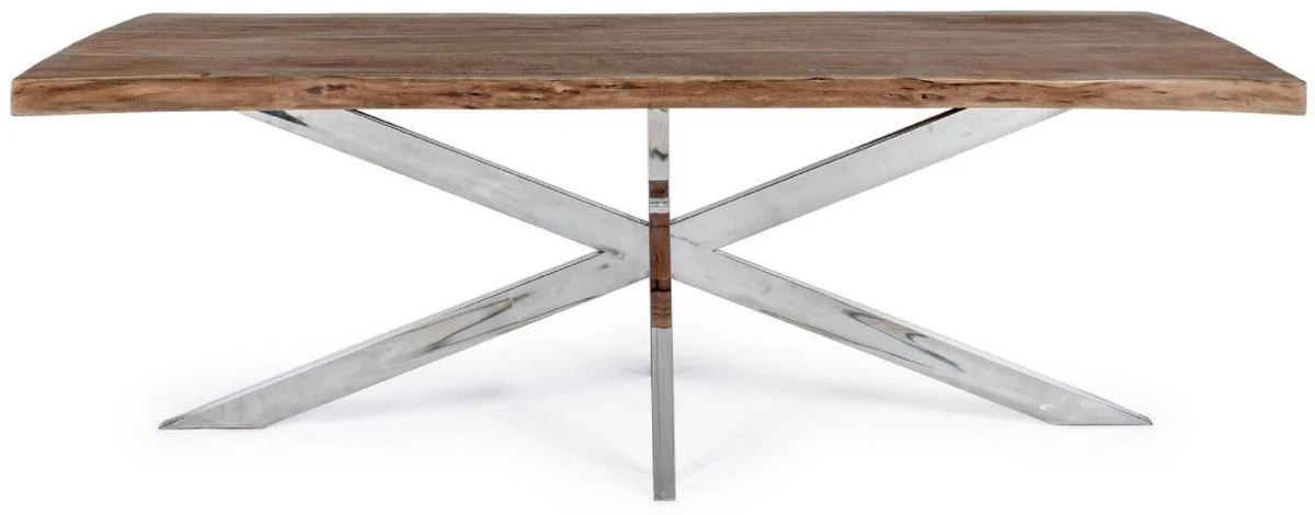 Luxury dining table brown / silver 220 x 100 x H. 77 cm - Rectangular kitchen table with solid wood table top and stainless steel legs - Dining room furniture - Kitchen furniture - Luxury furniture