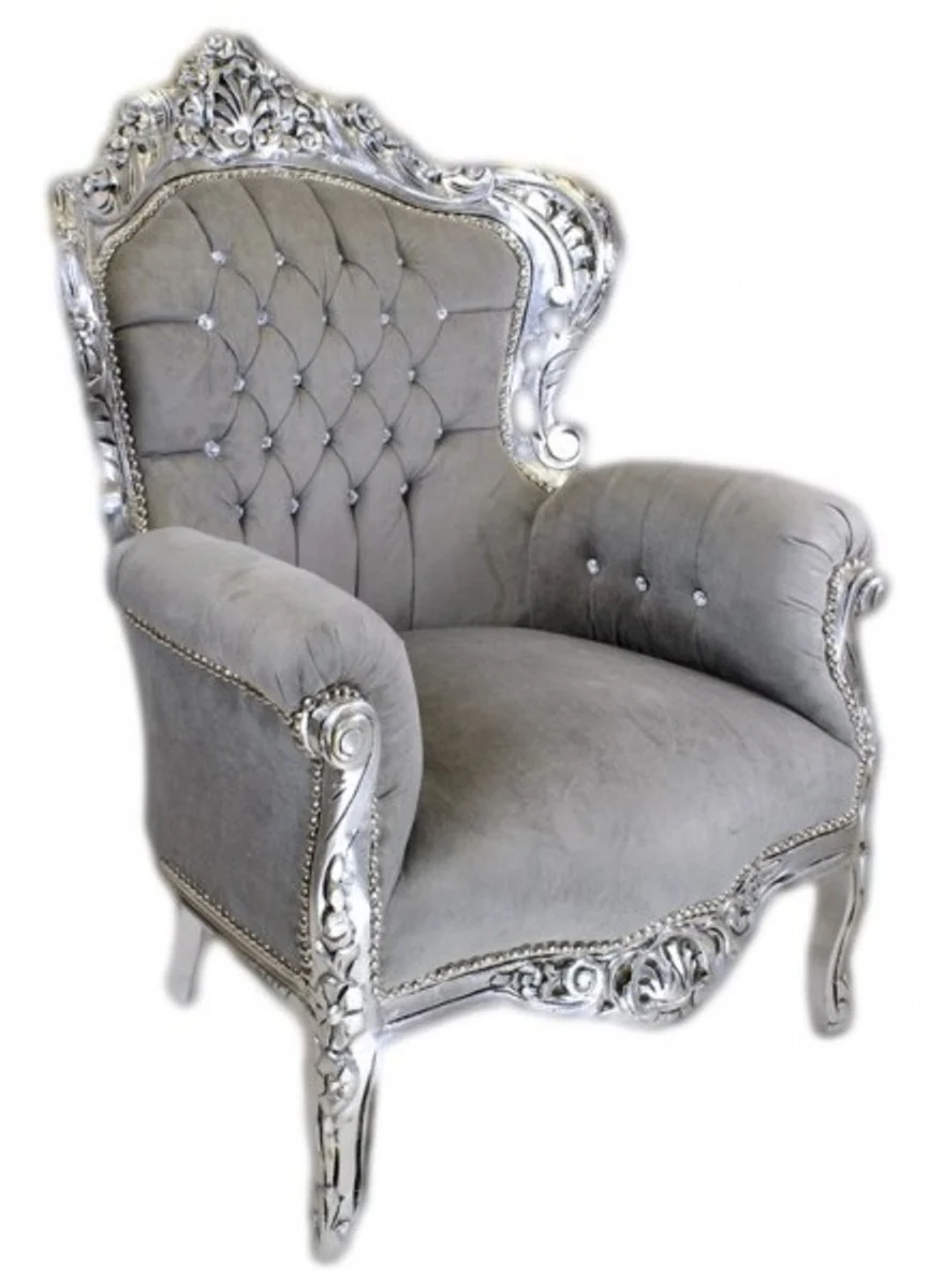 Baroque armchair King gray velvet fabric / silver with bling bling glitter stones