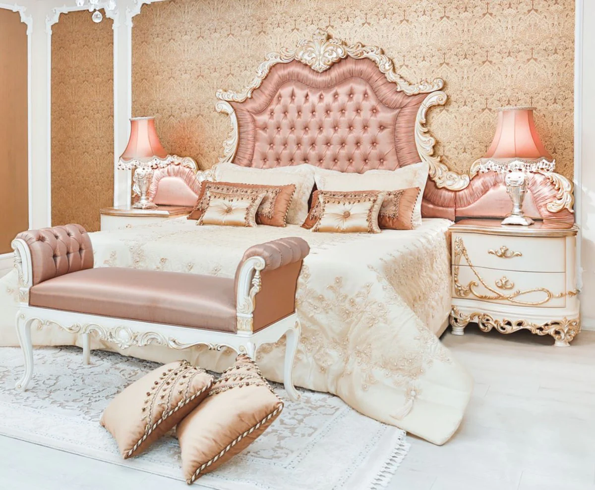 Luxury baroque double bed pink / white / cream / copper 200 x 200 x H. 200 cm - Elegant solid wood bed with headboard - Magnificent bedroom furniture in the baroque style