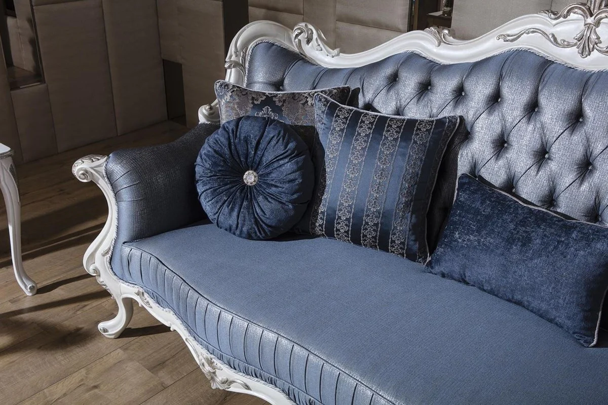 Luxury baroque living room sofa with decorative cushions blue / white / silver 240 x 90 x H. 120 cm - Magnificent baroque furniture