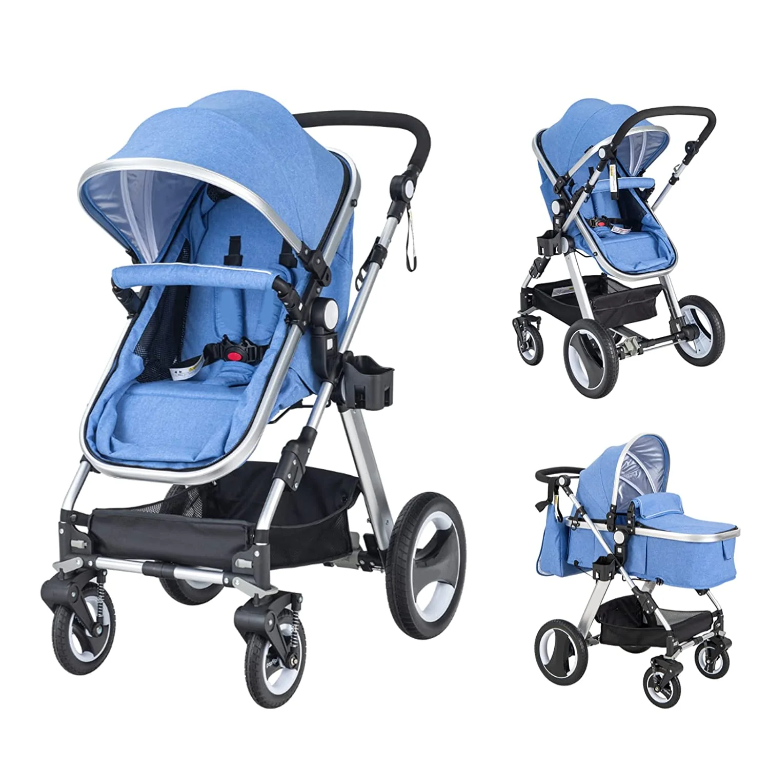 Newborn Stroller, 2 in 1 Portrait Stroller and Convertible Bassinet, Adjustable Backrest and Canopy, Cup Holder, Storage Basket, Foldable Stroller with Foot Cover (Blue)
