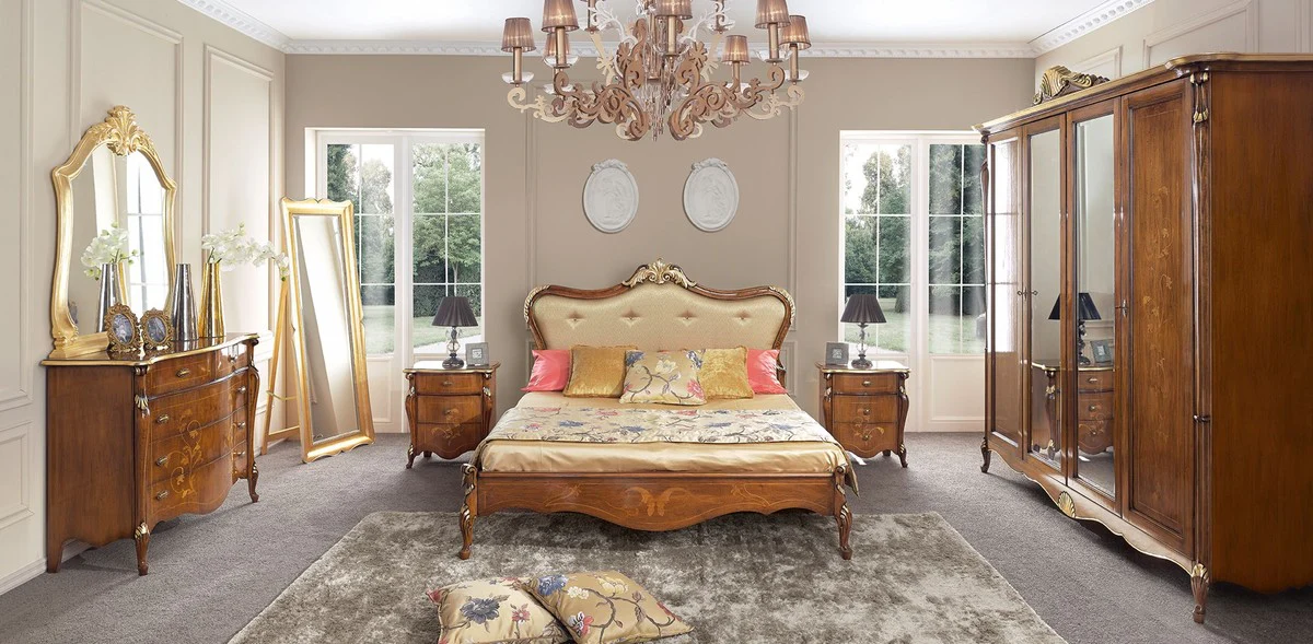 Luxury Baroque double bed gold / brown / gold - Magnificent solid wood bed in baroque style - Baroque bedroom & hotel furniture - Luxury quality - Made in Italy