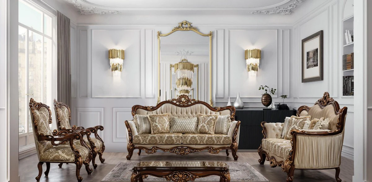 Luxury Baroque Living Room Set Beige / Brown / Copper - 2 Baroque Sofas with Pattern & 2 Baroque Armchairs with Pattern & 1 Baroque Coffee Table - Baroque Living Room Furniture