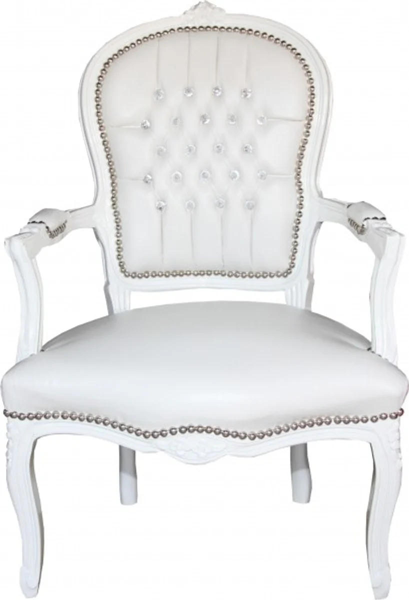 Baroque Salon Chair White Leather Look / White with Bling Bling Rhinestones - Furniture Antique Style