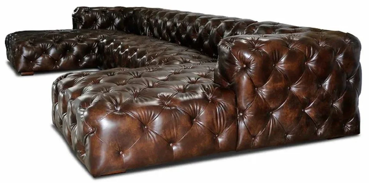 Luxury Chesterfield leather U-shape sofa vintage dark brown 415 x 200 x H. 74 cm - 3-piece genuine leather living room sofa - living room furniture - Chesterfield furniture - luxury furniture