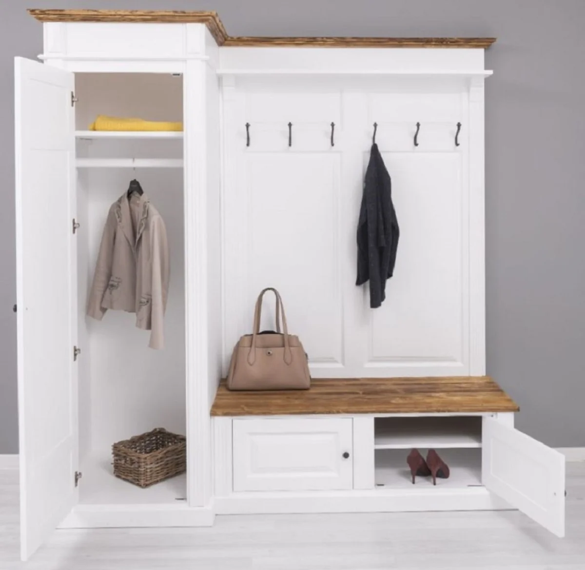 Country house style wardrobe white / brown 205 x 65 x H. 210 cm - solid wood wardrobe - hallway cabinet - hallway furniture - wardrobe furniture - solid wood furniture - country house style furniture