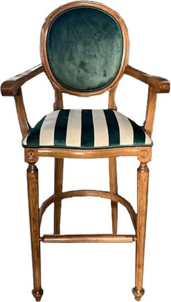 Baroque bar chair with armrests green / white / brown - striped antique style bar stool - handmade baroque bar furniture