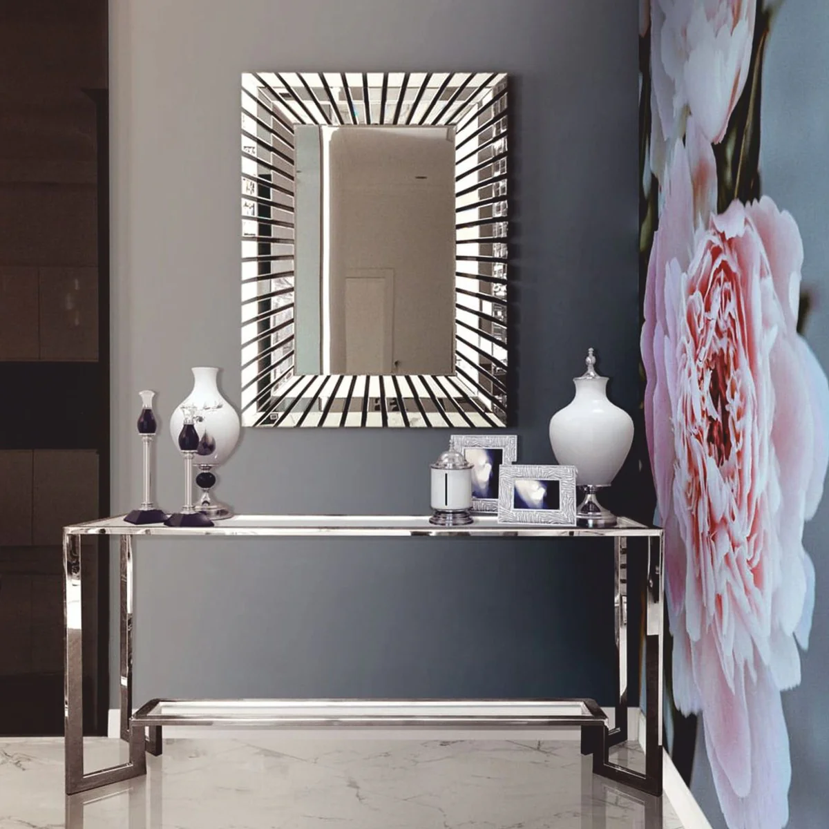 Luxury stainless steel console with glass tops silver 160 cm - luxury furniture