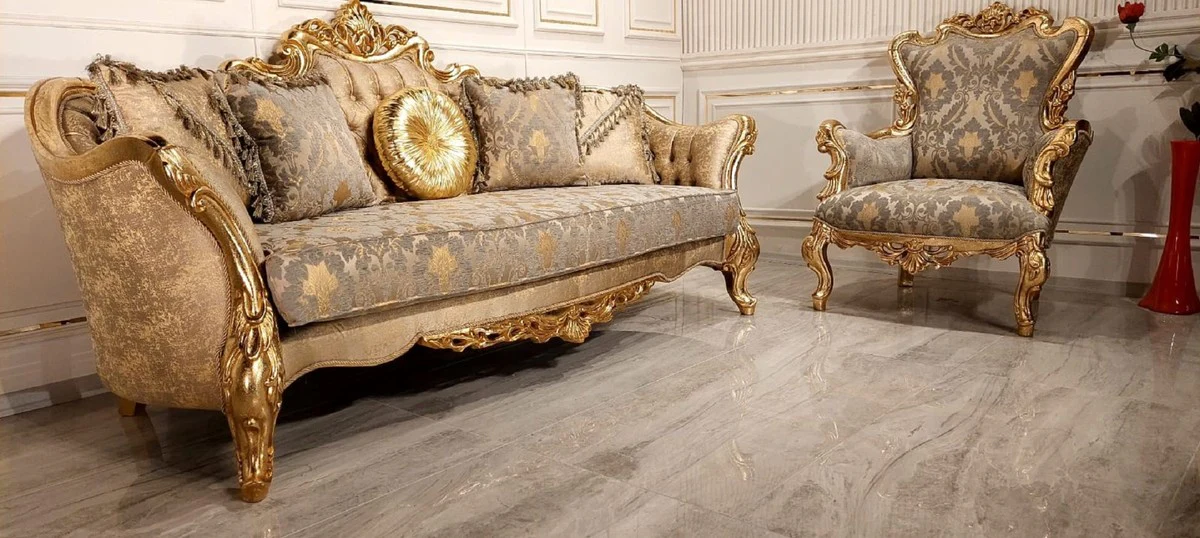 Luxury Baroque Sofa Gold / Gray / Gold - Magnificent Living Room Sofa with Elegant Pattern - Baroque Living Room & Hotel Furniture - Noble & Magnificent
