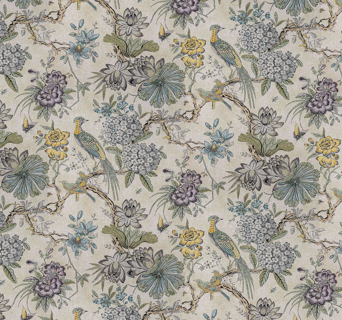 Luxury curtain set flowers & birds light beige / multicolored 250 x H. 290 cm - printed linen & velvet curtains - eyelet curtains - sliding curtains - living room bedroom curtains