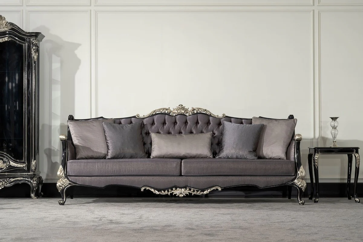 Luxury Baroque Living Room Sofa Purple / Black / Silver - Magnificent Baroque Style Sofa with Decorative Pillows - Luxury Living Room Furniture in Baroque Style - Baroque Furniture
