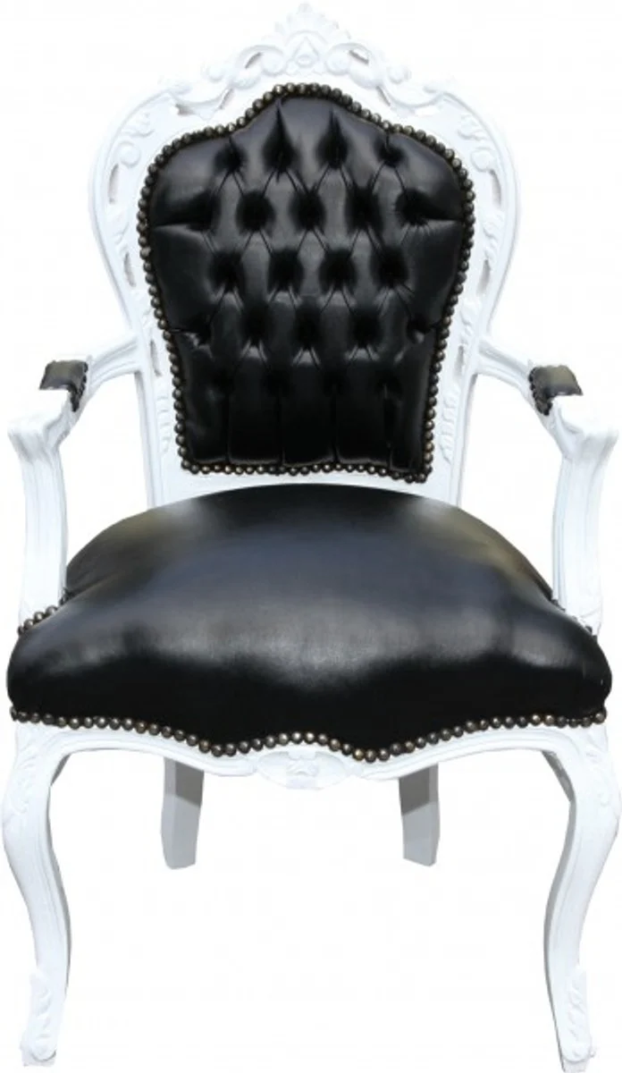 Baroque dining room chair black / white leather look with armrests