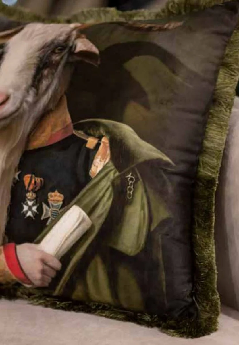 Luxury decorative cushion officer goat green / multicolored 45 x 45 cm - printed velvet cushion with fringes - luxury collection