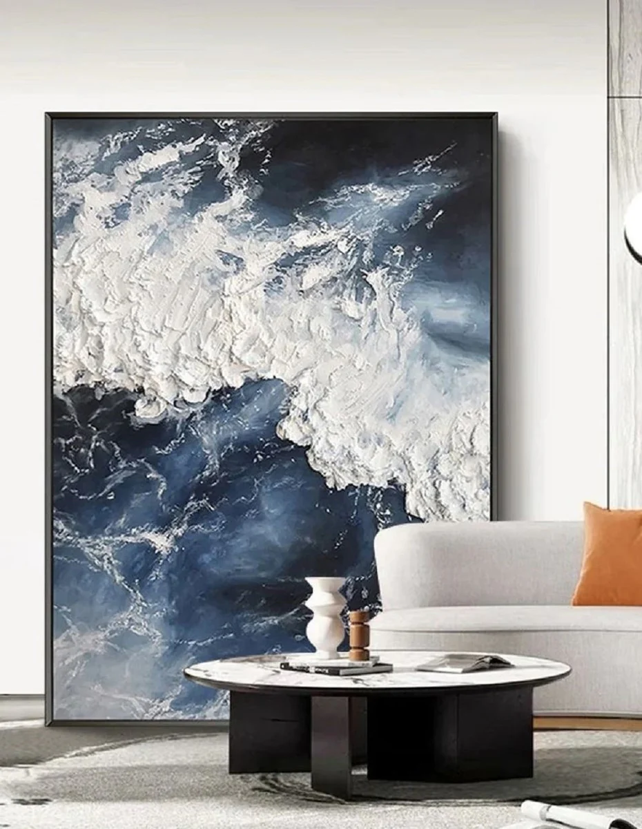 Luxury designer oil painting blue / white / black 120 x 9 x H. 160 cm - hand-painted painting with metal frame - luxury wall decoration - designer wall decoration - decorative accessories - luxury quality