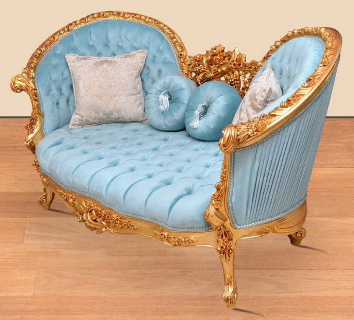 Baroque Sofa Light Blue / Gold - Handcrafted Living Room Sofa in Baroque Style - Magnificent Baroque Living Room Furniture
