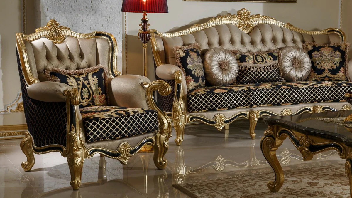Luxury Baroque Sofa Gold / Black / Multicolored / Gold - Magnificent living room sofa with elegant pattern - Baroque living room furniture