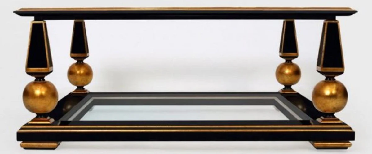Luxury baroque coffee table black / antique gold 113 x 113 x H. 47 cm - magnificent solid wood living room table with glass tops - baroque living room furniture