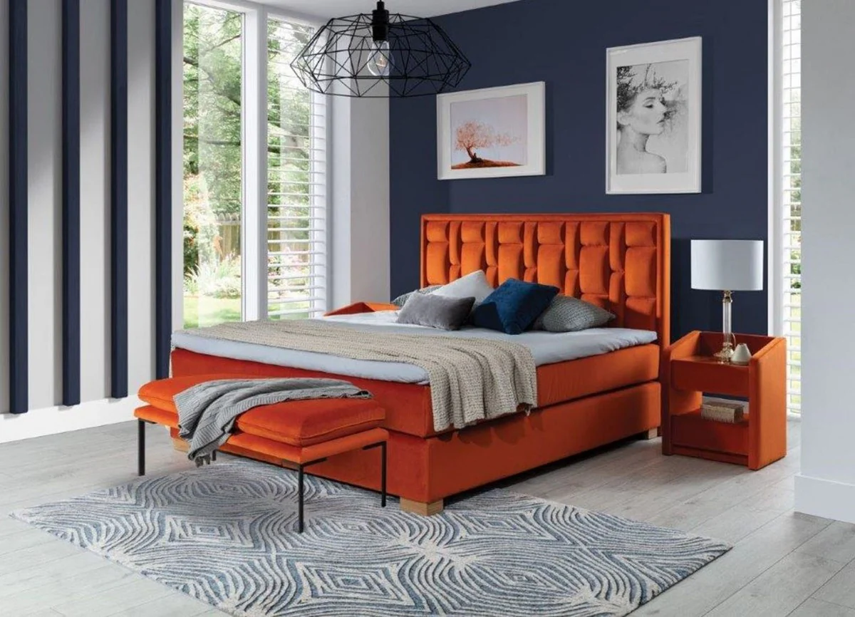 Luxury double bed orange / natural colors - Modern solid wood bed with headboard and mattress - Modern bedroom furniture - Luxury collection