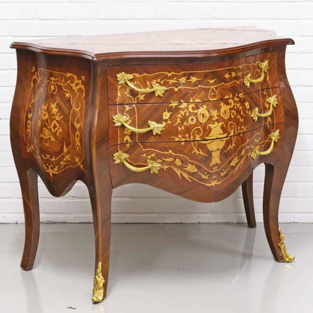 Baroque style chest of drawers with 3 drawers in brown inlay / gold 100 x 50 x H. 80 cm - furniture in antique style
