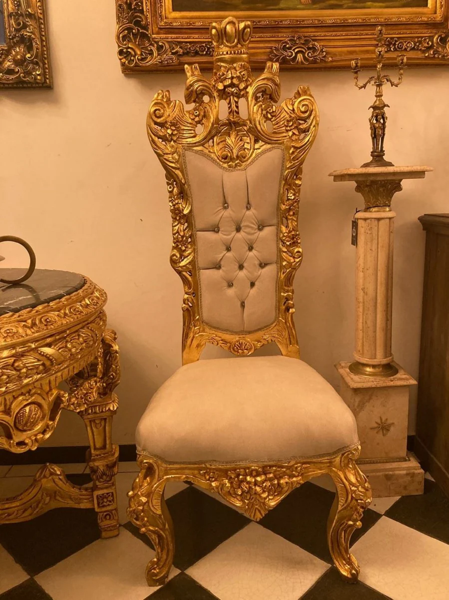 Baroque throne chair cream / gold - handmade high-back dining room chair with velvet fabric and rhinestones - baroque dining room furniture