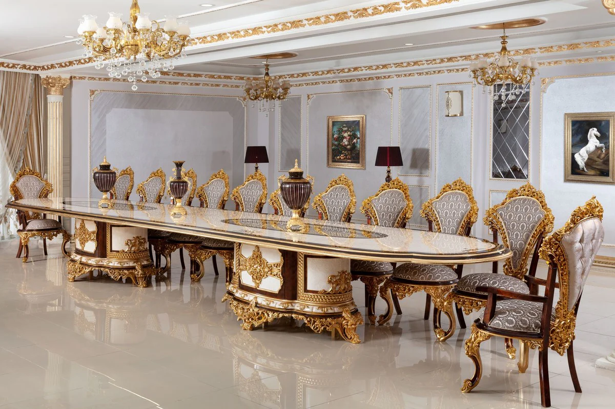 Luxury Baroque Dining Room Set White / Brown / Gray / Gold - 1 Baroque Dining Table & 22 Baroque Dining Chairs - Hotel Furniture - Castle Furniture - Palace Furniture - Luxury Furniture in Baroque Style