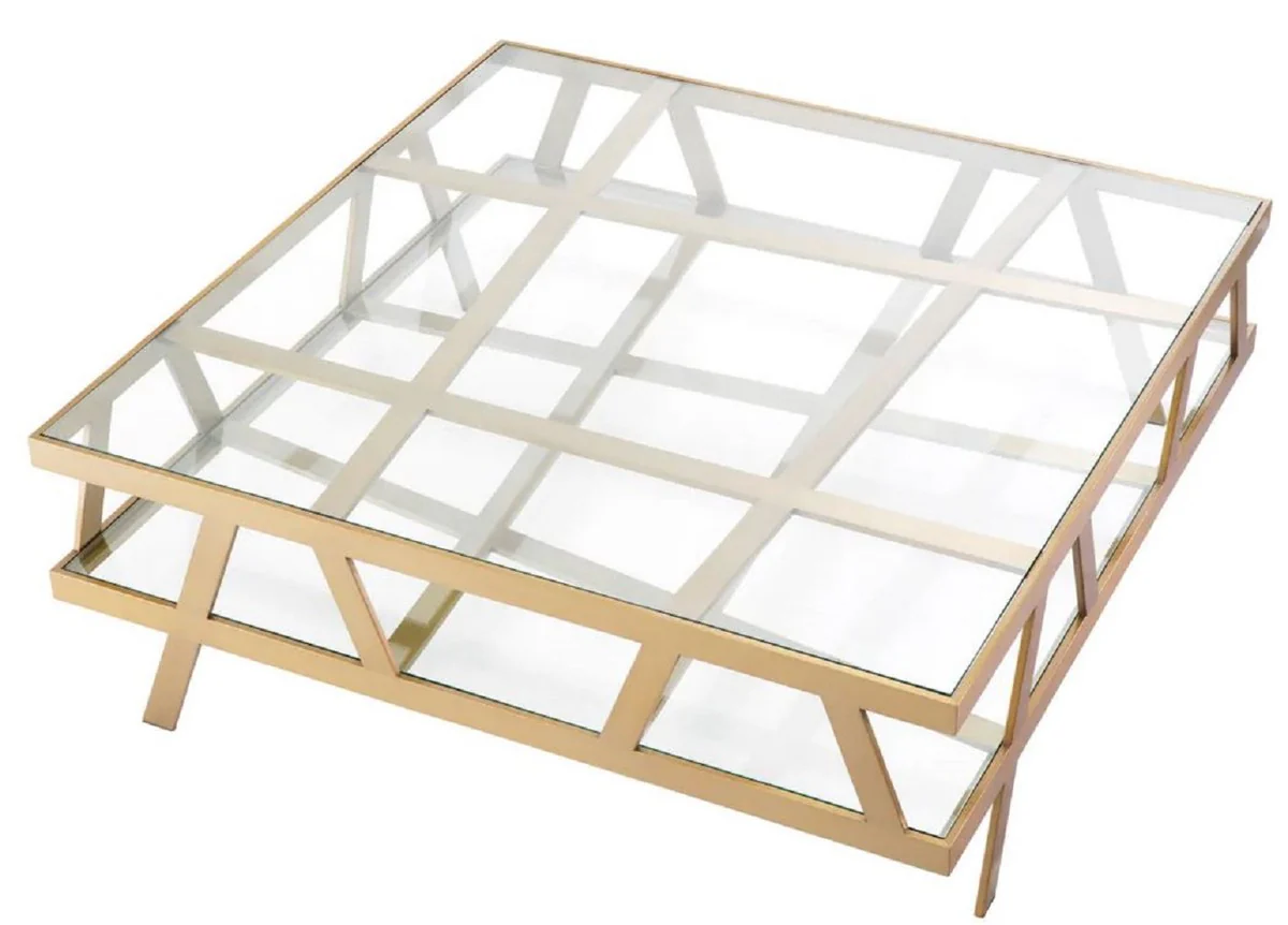 Luxury coffee table brass 110 x 110 x H. 37 cm - Square stainless steel living room table with glass tops - Living room furniture - Hotel furniture - Luxury furniture - Luxury quality
