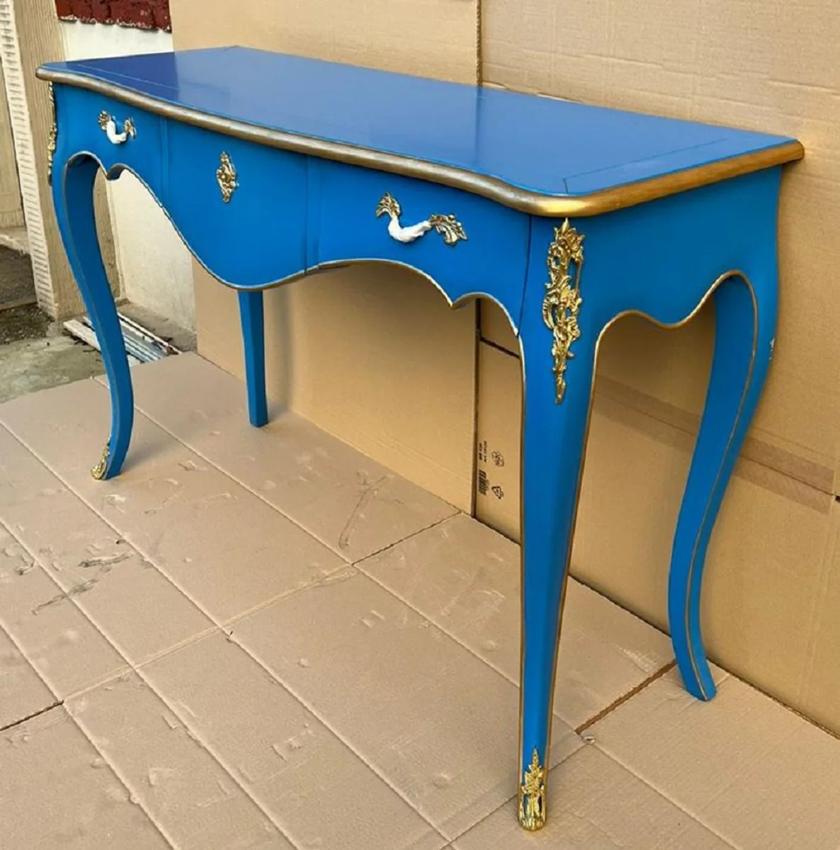 Baroque secretary with 3 drawers blue / gold - handmade solid wood desk in baroque style - baroque office furniture